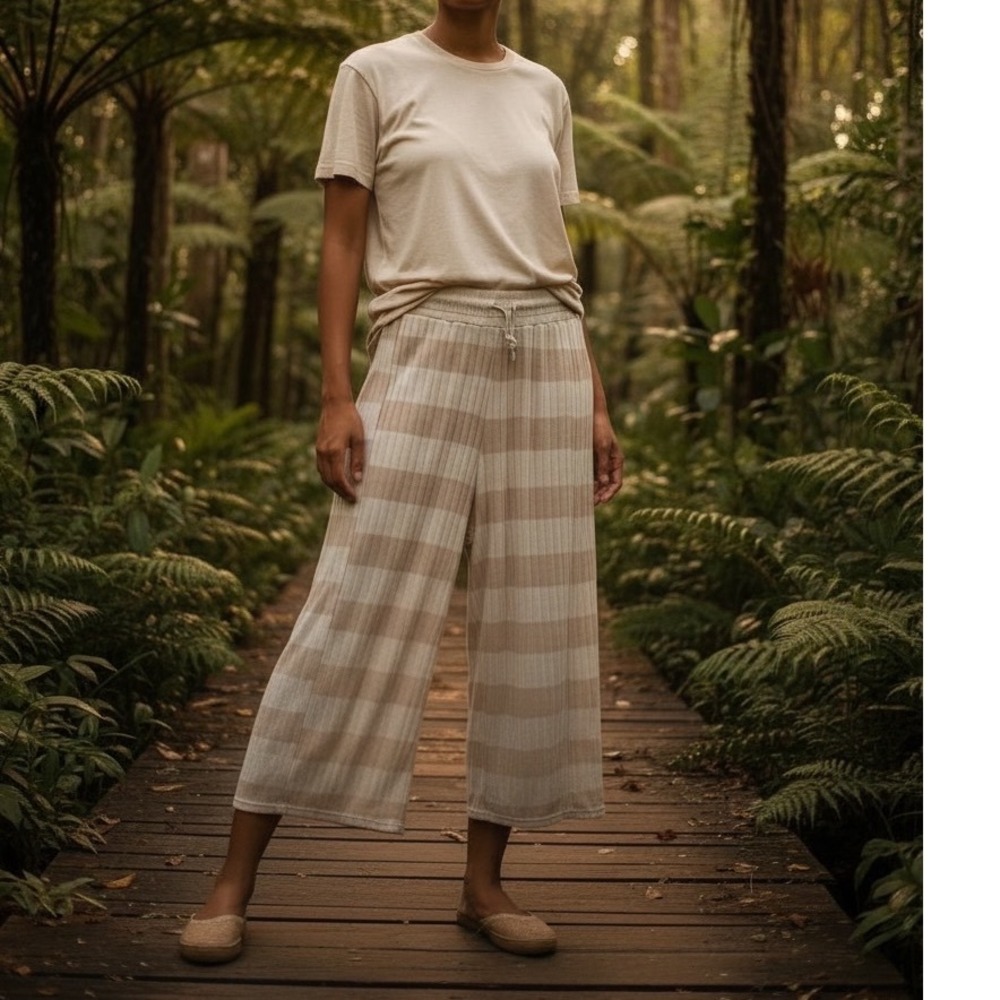 Free People‎ Ribbed Wide crop Lounge Pants Beige Striped beach boho sz M